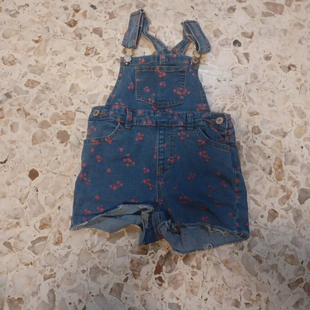 Soho Blue Denim Girl's Overall Cut-off Shorts 6X Blue Pink Flowers - Picture 1 of 4